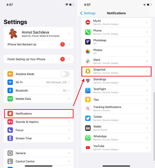  The notification settings within the Snapchat app may be disabled or not properly configured.