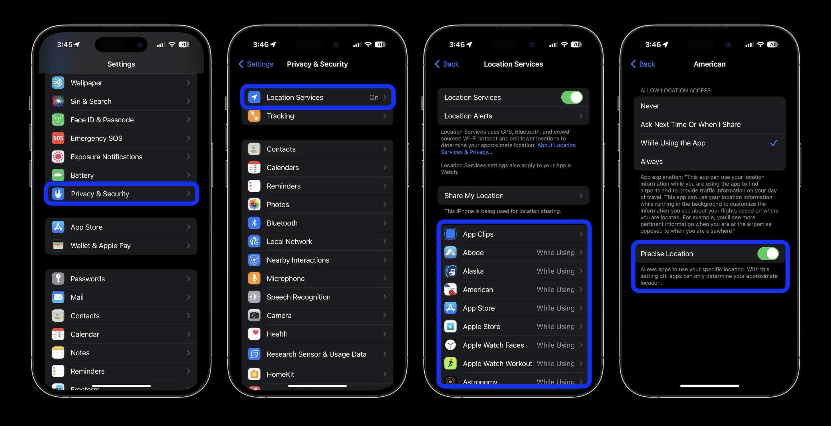 turn on/off precise location from iPhone location settings