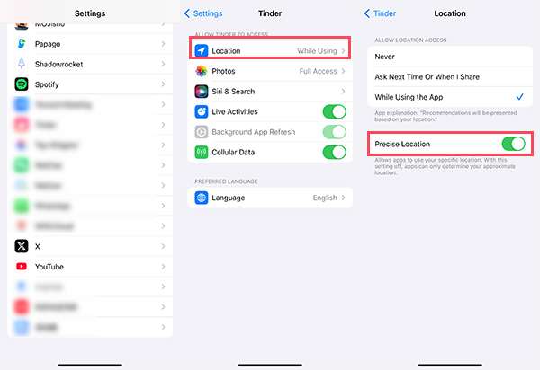 turn on/off precise location from iPhone app settings