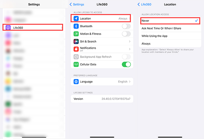 turn off location permission for Life360 in iPhone settings