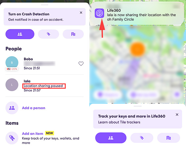 location sharing notification on Life360