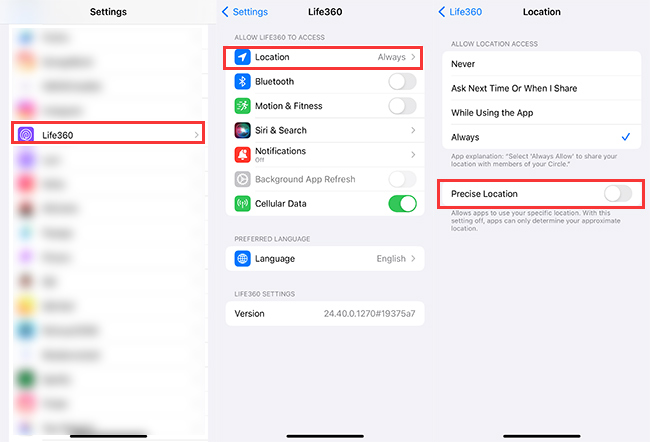 turn off precise location sharing to Life360
