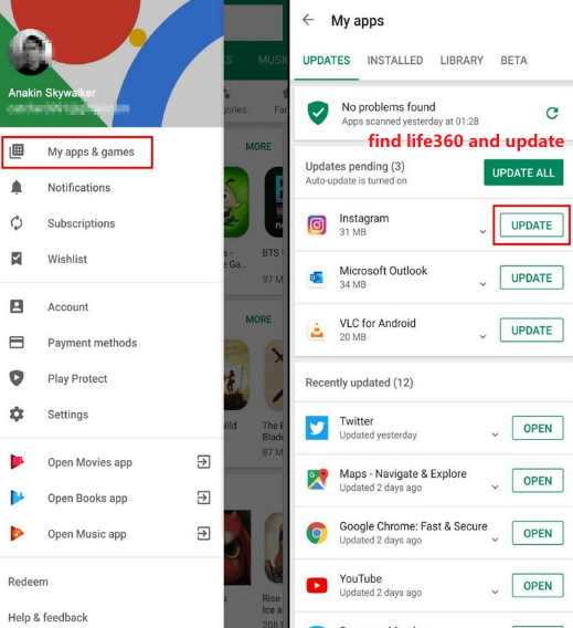 update life360 on google play